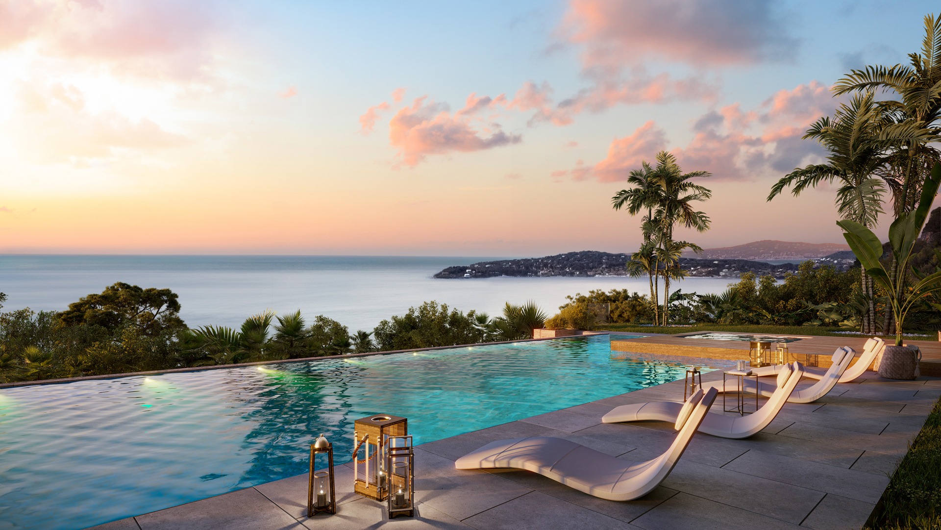 Fotorealistische Architektur-Visualisierung einer Luxusvilla mit Infinity-Pool und weitläufigem Ausblick auf eine Landschaft bei Sonnenuntergang.