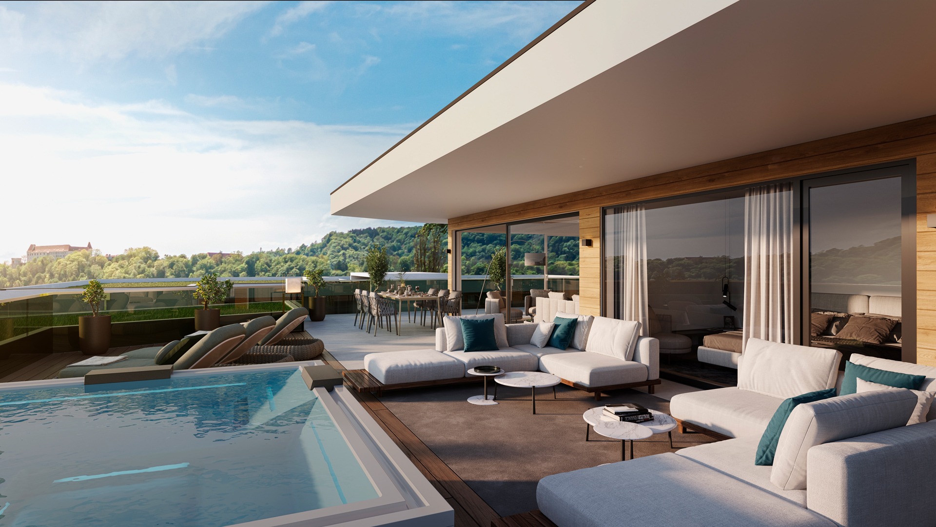 Bildvisualisierung einer modernen Villa mit Swimmingpool, großzügiger Poolterrasse, Außenmöbeln und Panoramablick.