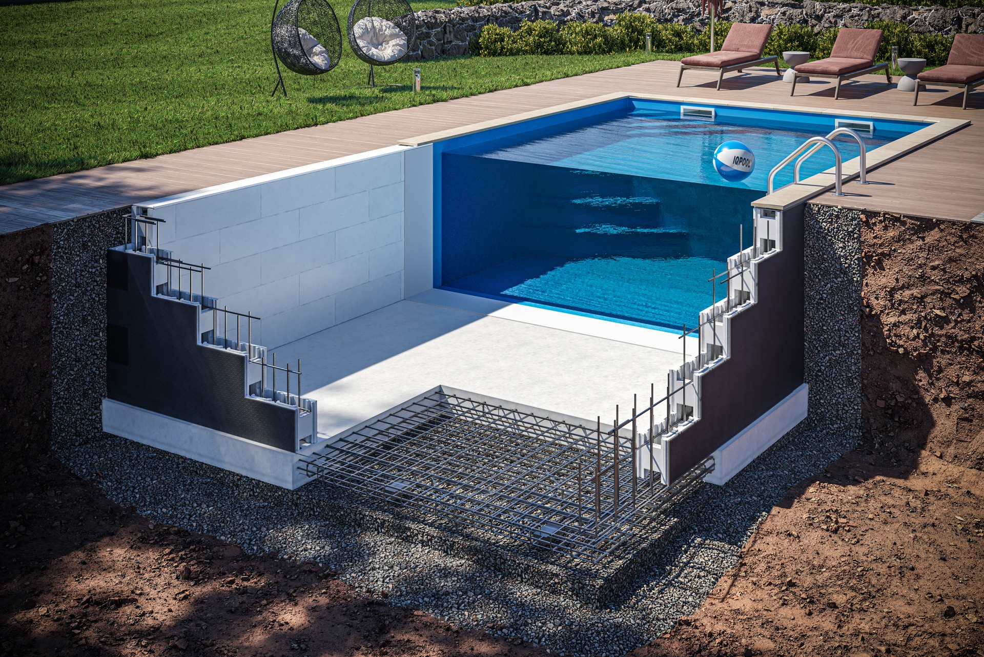 Fotorealistische 3D-Visualisierung eines Swimmingpool-Querschnitts mit sichtbarem Beckenaufbau, Konstruktionsschichten, Erdreich und Wasserbereich.